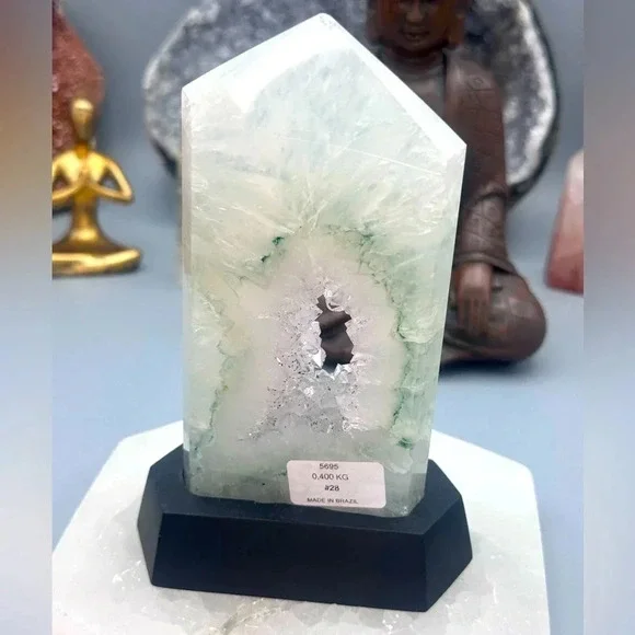 Druzy Quartz with Prasiolite and Anatase Inclusions Tower with Stand - Picture 1 of 5